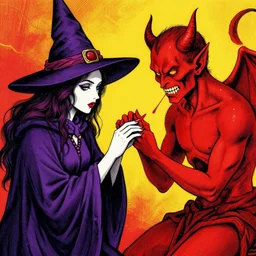 witchcraft : a witch and a devil making a red nail, watercut, 1 7 2 0. vibrant colors, highly detailed, high contrast lines.
