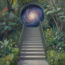 stairway in the garden to the interconnected galaxy portal by thomas kinkade and alex grey h 6 4 0