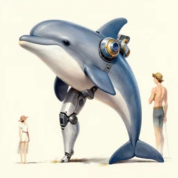 a large anthropomorphic dolphin shaped mecha by paul lehr and moebius