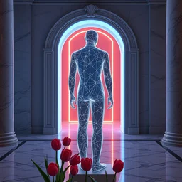 “ a beautiful mannequin made of glass printed in 3 d geometric neon, in the style of james jean, kintsugi, facing a doorway opening with a neon blue light, vaporware, tulips inside a room with marble columns, transcendent, vibrant color, clean linework, finely detailed, 4 k, trending on artstation, photorealistic, volumetric lighting, octane render ”