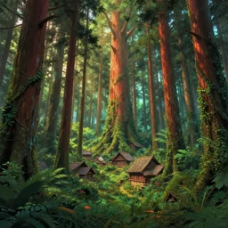 Orange mystical forest, hideen village in the forest, tall pine trees, overgrown, lush plants, vines hanging down, massive scale, trending on Artstation, By Miyazaki and James Jean