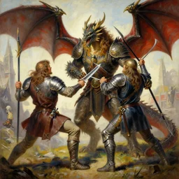 painting of a beautiful rendition of the mythical fafnir, ancient dragon fight my the mythical siegfried, illustration, artistic, colorful, hyper detailed, in the style of greg rutkowski,
