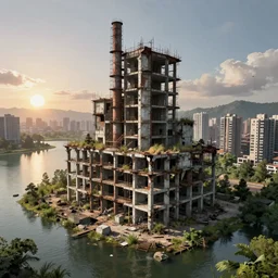 a beautiful hyperdetailed rendering of unfinished building nature abandoned urbex city industrial architecture building by ralph mcquarrie, darkacademia laser morning sun studio ghibli lake fisheye, archdaily, wallpaper, highly detailed, trending on artstation.