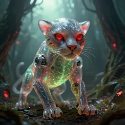 closeup portrait of a living goo on a ( transparent cyborg leshy panther with glowing veins ), in alien forest crushed ship interior, cinematic light, backlight glow, red green, mist, by mikhail vrubel, by philippe druillet, by peter elson, by gerald brom, muted colors, extreme detail, trending on artstation, 8 k