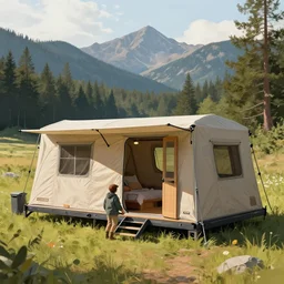 cabela's beautiful comfortable self contained modular insulated wall container home kit - house all weather family dwelling tent house, person in foreground, mountainous forested wilderness open fields, beautiful views, painterly concept art, environmental concept art, concept art illustration, by james gurney, by craig mullins, by greg rutkowski trending on artstation