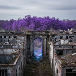 an abandoned city with a magical portal and purple trees in the distance