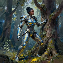 hyperrealistic deconstructed super expressive! black woman with exoskeleton armor, merging with tree in a forest, highly detailed digital painting masterpiece smooth robert steven connett hannah yata dramatic pearlescent blue yellow light ground angle hd 8k sharp focus
