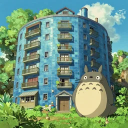 a huge blue tiled apartment building of howl's moving castle ghibli, by vincent di fate nausicaa, ghibli, breath of the wild, epic composition, green plants