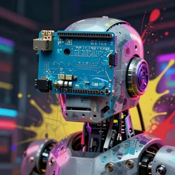 Beautiful Photo of Arduino Uno in the robot's head. Cyberpunk. splatterpunk. 4K