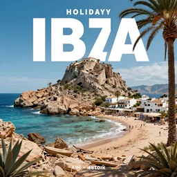 a poster for a holiday in ibiza, where the island is badly damaged due to global warming, photorealistic