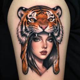 tattoo design of a face of a beautiful girl wearing a tiger head hat, hyper detailed