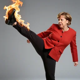 Dramatic action shot of Angela Merkel on fire dodging kick from Neo in the matrix movie