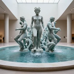 futuristic fountain in the museum of gods, water, pond, art installation, contemporany art, biennale, 3 d printing