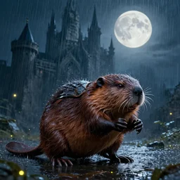 angry anthropomorphic beaver, wearing rain soaked armour in heavy rain, incredibly fine detailed portrait, battle angel alita, dynamic angle, elegant, full body profile, 2 0 0 mm focal length, highly detailed, dramatic full moon lighting, many fireflies, gothic castle prodominently in the background, movie cover