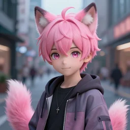 portrait of a cute anime boy with pink hair and pink wolf ears and pink wolf tail wearing stylish clothes in a city | | highly detailed digital art painting by ruan jia, cory loftis, jeremy mann. artstation, pinterest, volumetric lighting, subsurface scattering, photorealistic, octane render, random artists