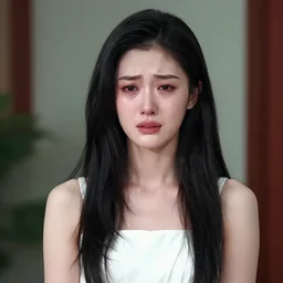 A 20 years old Paludnitsa crying. Long black hair, perfect face, beautiful dark eyes, white dress, menacing, smooth, sharp focus, vivid colors, highly detailed, digital art, 4k, medium shot.