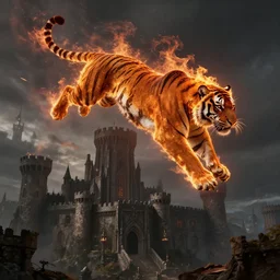 tiger of fire flying, tiger of fire flying, tiger of fire flying in the sky accurate anatomy, over a medieval castle, dark postapocaliptic scenery, massive architecture, realistic, precise, sharp, high quality, ultrarrealistic, octane render, unreal engine, povray, raytracing, volumetric light, hdr