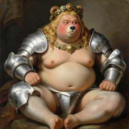 blushing, sweating, sumo wrestler with a bear for a head anthro, blonde hair, wearing silver medieval armour, posing seductive, looking seductively, ornate wreath, legs, oil painting by titian, hard akihito tsukashi focus