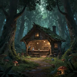 A quiet tavern in the middle of a forgotten magical forest, large trees, mushrooms, atmospheric, rendered by simon stålenhag, rendered by Beeple, Makoto Shinkai, syd meade, environment concept, digital art, starwars, Gundam Style, unreal engine, 3 point perspective, WLOP, trending on artstation, low level, 4K UHD image, octane render,