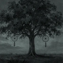 dreamcatcher the tree of language album art, darker colors, dystopia, soft lighting, darker aesthetic, illustration