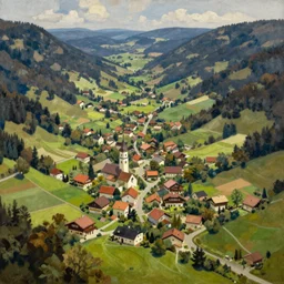 High-Quality realist painting of a traditional Bavarian village in a valley by Gustave Courbet, isometric aerial view, peaceful, very detailed, oil on canvas.