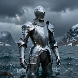 suit of armor made of liquid, rising up from ocean, water armor, norway fjord, medium close up portrait, water armor, studio lighting, stormy seas, beautiful, bokeh, snowy, storm clouds, god rays, d & d, fantasy, elegant, low key color palette, concept art, roger deakins and greg rutkowski and alphonse mucha