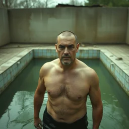 film still of shaved viktor orban standing in a dirty empty abandoned pool, a scene from tv series narcos narcos narcos, hd, 4 k