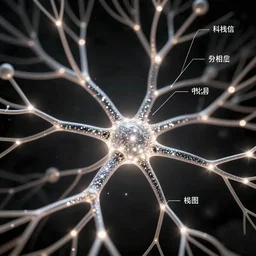 black background detailed complex neural network with bright neutrons and glowing synapses with sparkling axons and glittering dendrites labeled data markers depth of field