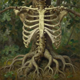 the roots of the oak are braiding with a mans ribcage, oil on canvas by william sidney mount, trending on artstation