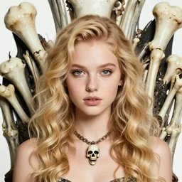 editorial photo of girl on bones throne, blonde, curly hair, clean big eyes, symmetrical beautiful face, clean skin, skull jewelry, native costume and accessories,, fashion editorial photography, hyperrealistic, from vogue magazine, ultra realistic, artgerm, reflections, gold intricate, 5 0 mm