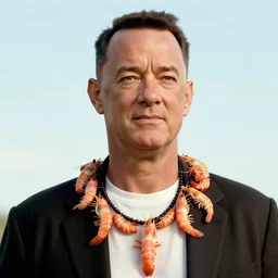 Tom hanks as forrest gump wearing a necklace made out of shrimps around the neck, realistic face, digital art, in the style of Marek Okon, amazing detail, artstation, long shot