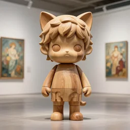 3 d octane render ultra 8 k photorealistic hyper detailed, trending on cgsociety, in a contemporary art gallery, lossless quality, wooden sculpture on feet art toys, a very cute mystical statue robot of the roman with cats ears, by alphonse mucha