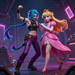 Princess peach mixed with jinx from league of legends, dancing, background with neon lighting, fullshot, raytrayced, octane render, epic composition, intricate details, hyperrealist, dark neon punk, by Alessandro Barbucci, Barbara Canepa