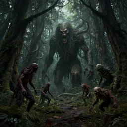 an ultra realistic very complex high detailed horror fairy dark forest with creepy monster and creatures