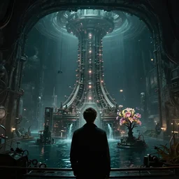 a film still from prometheus by ian mcque - endless machine - built underground facility that controls atmosphere, water and power, scale of a city, water - logged, medium shot, waist up, bloom, dark and moody atmospheric, dramatic lighting, behance, game environment design, artstation, photoreal, deviant art,
