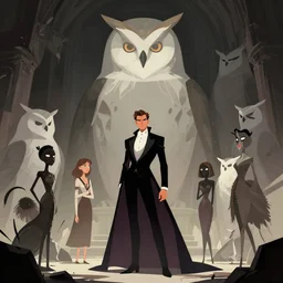 wise arrogant elegant hostile massive court of owls, pixiv fanbox, dramatic lighting, maximalist desaturated muted color palette, splatter paint, pixar and disney concept, graphic novel by fiona staples and dustin nguyen, peter elson alan bean wangechi mutu, clean cel shaded vector art, trending on artstation
