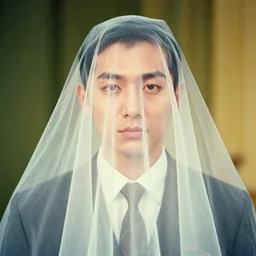 person in a suit with veil over face, vintage technicolor film photo, grainy, high detail, high resolution