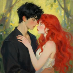 a male with black short hair and a red female with long red hair who are in love, beautiful fantasy world, painted by sylvain sarrailh, ferdinand knab, trending on artstation