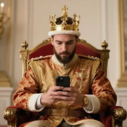 1 7 0 0 s photo of the king checking his twitter feed on his cellphone while sitting on his throne gold crown