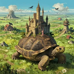 giant tortoise with a large fantasy castle rising from the top of it, distant shot birds eye view, fantasy, hyper detailed, 4 k, howls moving castle, mortal engines, kaiju,
