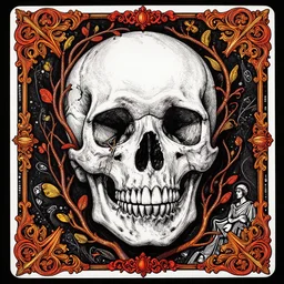 human skull wrapped in vines, black paper, elements, red, gold, neon, baroque, rococo, white, orange, ink, tarot card with ornate border frame, marc simonetti, paul pope, peter mohrbacher, detailed, intricate ink illustration