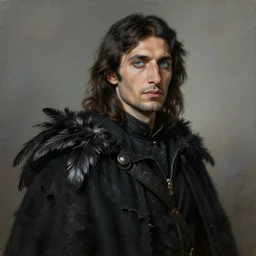 portrait painting of a blue - eyed middle eastern man with shoulder length hair wearing a tattered black cloak with feathers and coat, sharp focus, award - winning, trending on artstation, masterpiece, highly detailed, intricate. art by rebecca guay
