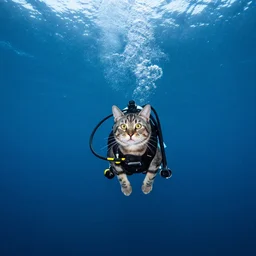 a cat scuba diving in a huge lake, National Geographic, beautiful masterpiece