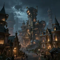 fantasy steampunk victorian city at night, 4k, concept art