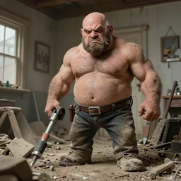 mechanical powertools as hands attached to grumpy chunky bald handyman, mechanical powertools as hands, unkept facial hair, wrecks dusty old home, full body, hyperrealistic absurdist digital art masterpiece, highly detailed neo pop surrealism, jason limon kay sage hannah yata, dramatic lighting, low angle, uhd 8 k, sharp focus