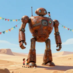 memorable animation key shot, vanishing point, kids climbing up the giant bulbous rusty robot schwerer gustav!!!!, colorful bunting, desert, flags, festival, grafitti!!, rust, ghibli, fortress, by mandy jurgens, by satoshi kon, ilya repin, lena aenami, shinji kimura, daylight glow