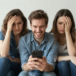 man chuckling at his smartphone, woman sighing with frustration