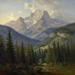 Mountainous and forested area artwork by Albert Bierstadt