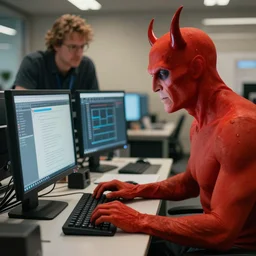 a photo from the devil working on the computer for a software company by steve ditko and greg rutkowski trending on artstation