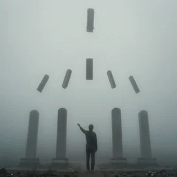 arm reaching out of thick fog, 6 stelae pointing down from the sky, untethered flying stelae, zdzislaw beksinski